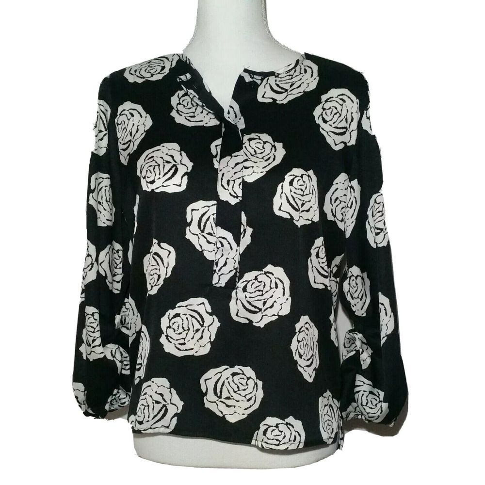 Finn & Grace Womens Black‎ White 3/4 Button Floral Print Shirt Blouse Size S